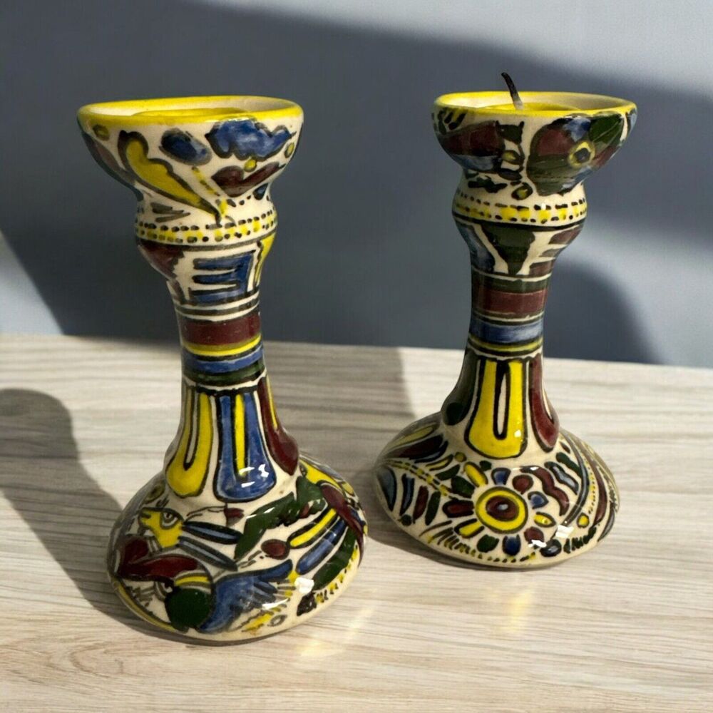 Pair Of Talavera Art Pottery 5” Candle Stick Holders ACAPULCO Mexico Floral (2)